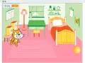 Gatto arancione corre in una stanza con letto, scrivania e pallina. Un progetto di scratch building.