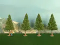 Un piccolo uomo osserva la scena, mentre si prova a costruire un albero finto. Quattro alberi verdi su un prato artificiale, con montagne sullo sfondo.