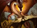 Un drago sputa fuoco, minacciando un gruppo di avventurieri. I pericoli sono ovunque, ma il coraggio non manca.