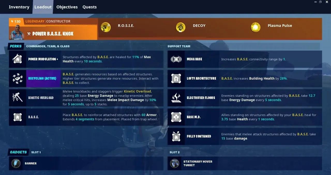 Fortnite loadout screen showing "Power B.A.S.E. Knox" constructor, perks, and support team abilities.
