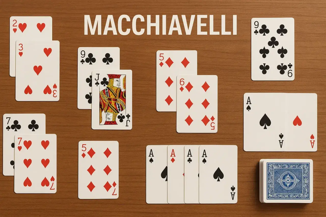 Carte da gioco disposte sul tavolo per il machiavelli gioco: assi, figure e numeri.