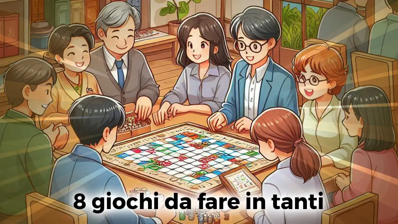 Un gruppo di persone sorridenti gioca a giochi da tavolo, creando un'atmosfera di allegria e divertimento.