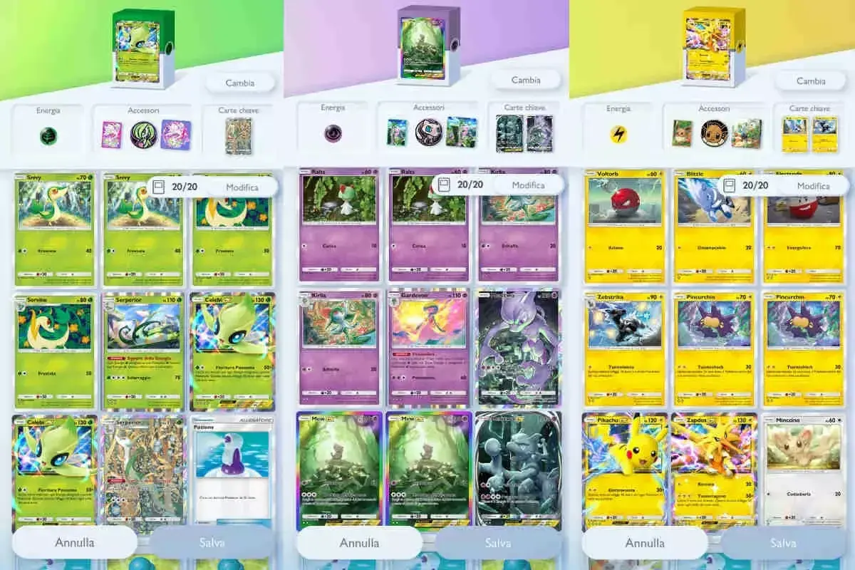 Tre mazzi di carte Pokémon, uno verde con Celebi, uno viola con Gardevoir, e uno giallo con Pikachu, pronti per il meta.