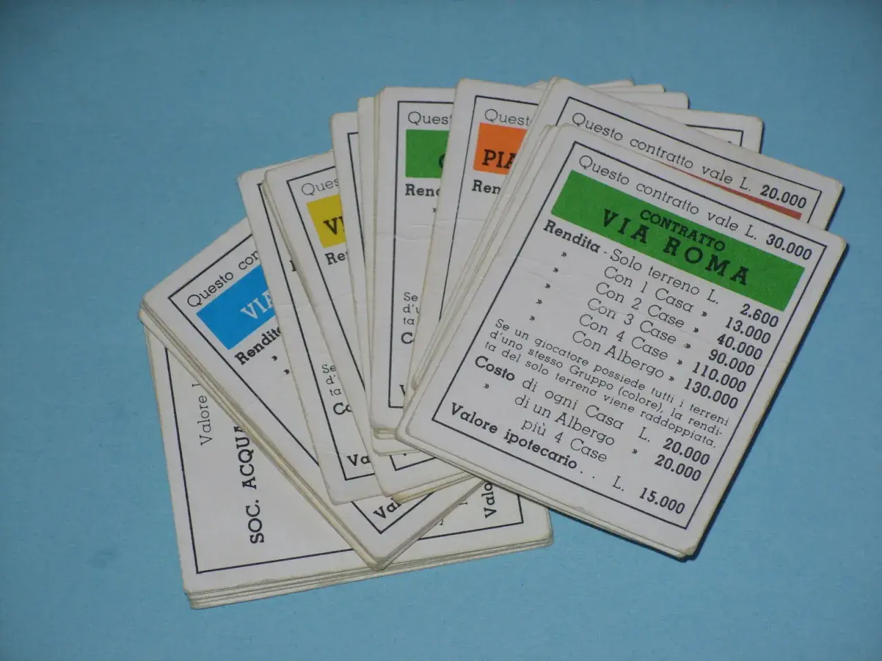 Carte di proprietà del Monopoli, con dettagli sulle rendite e i costi per costruire case e alberghi, fondamentali per le regole del gioco.