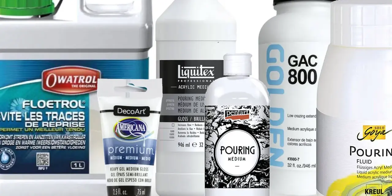Flaconi di medium per pouring, ideali per mescolare vinavil e colori acrilici, pronti per creare effetti fluidi e brillanti.