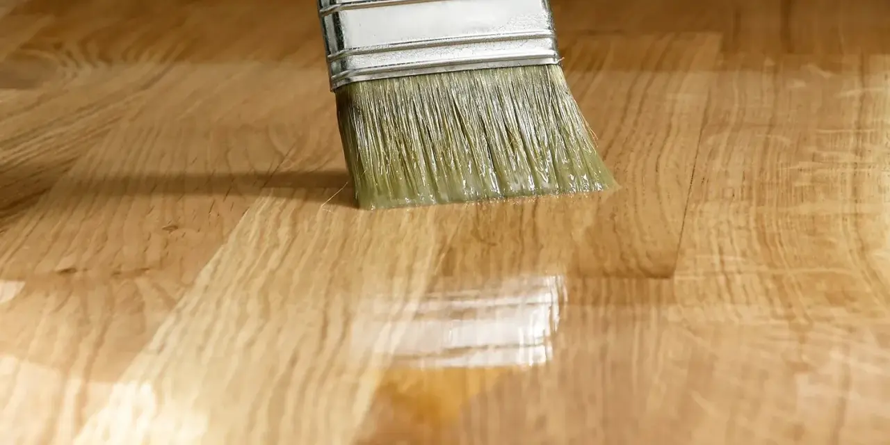 Pennello applica vernice lucida su parquet. La tabella gloss vernici mostra la brillantezza ottenuta.
