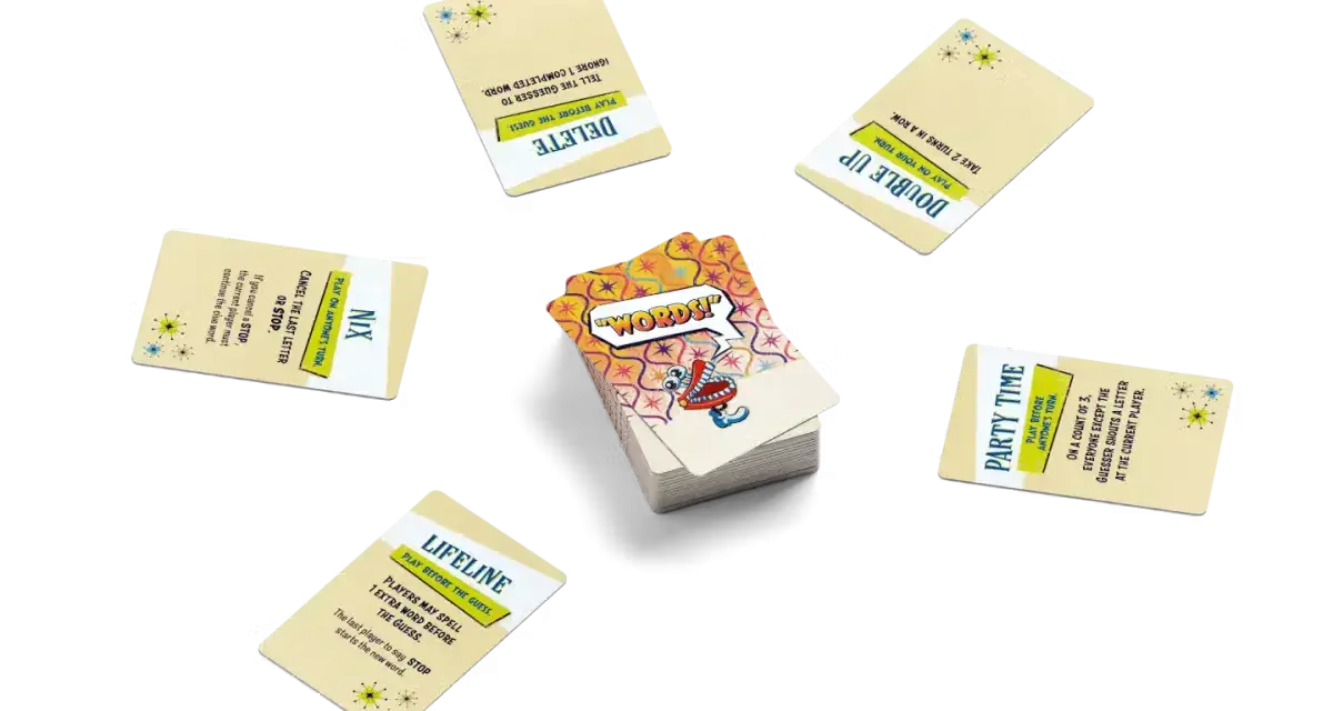 Carte da gioco con scritte come "DELETE", "DOUBLE UP", "PARTY TIME", "LIFELINE" e "NIX", che illustrano le regole del gioco "nome in codice regole".
