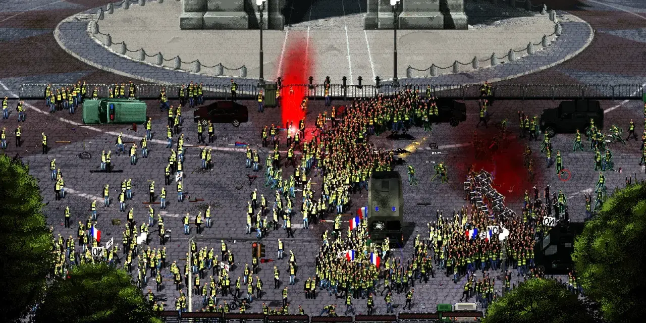 Un grande corteo di persone con giubbotti gialli e bandiere francesi, in un'ambientazione che ricorda un gioco da tavolo.