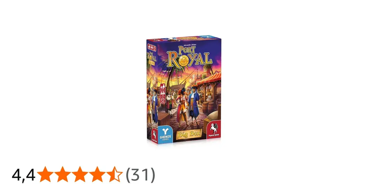 Scatola del gioco da tavolo "Port Royal Big Box", con ambientazione piratesca e valutazione 4,4 stelle.