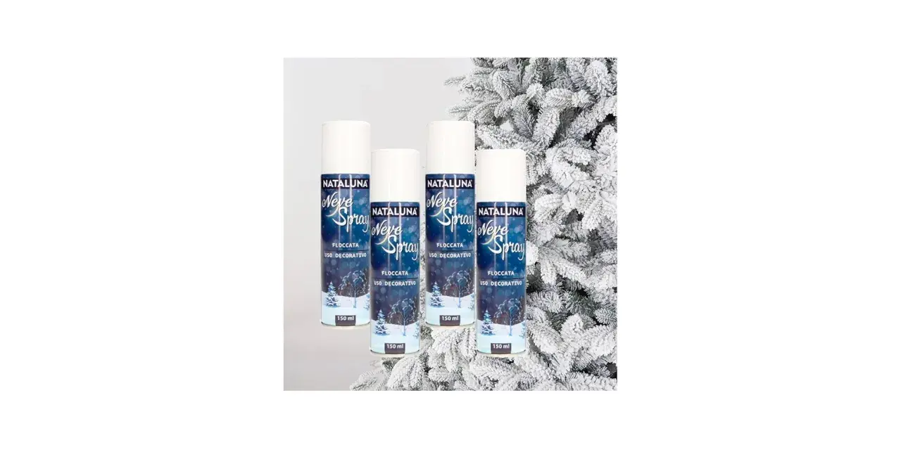 Quattro bombolette di neve spray Nataluna, per creare un effetto flocccata decorativo su alberi e decorazioni natalizie.