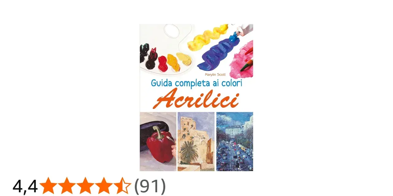 Copertina libro "Guida completa ai colori Acrilici" con tavolozza e colori vivaci.