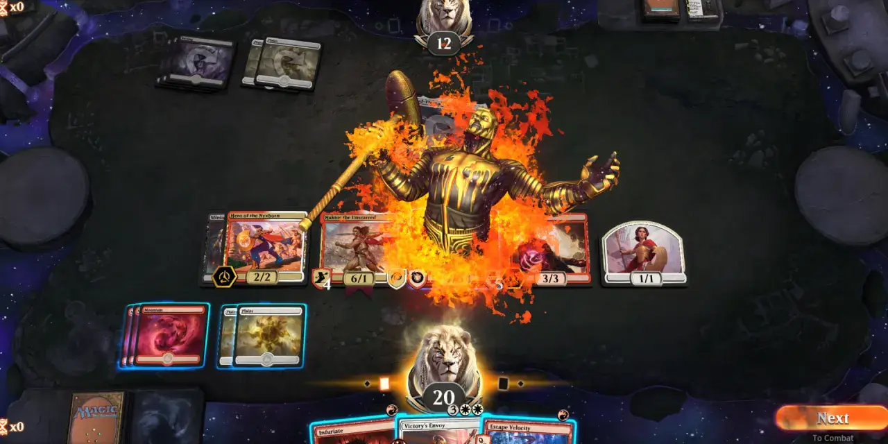 Un giocatore sta imparando come si gioca a Magic, con creature in fiamme e carte sul campo di battaglia.