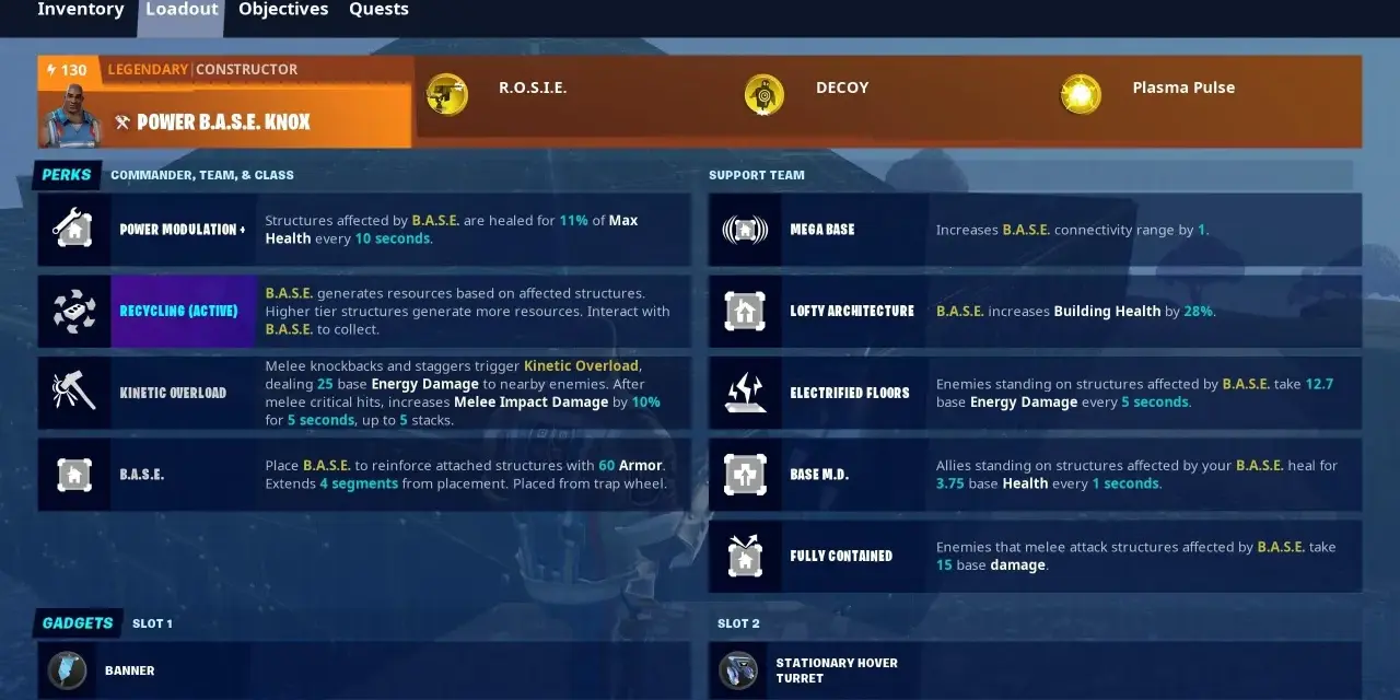 Fortnite loadout screen showing "Power B.A.S.E. Knox" constructor, perks, and support team abilities.