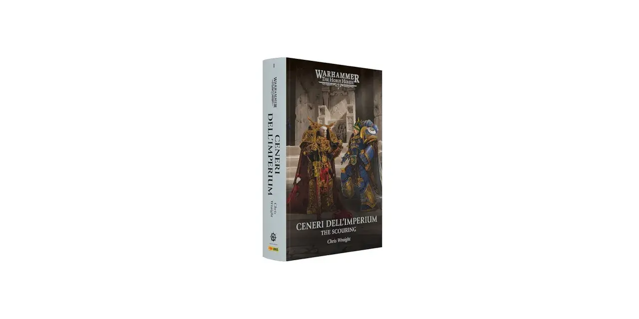 Copertina del libro "Ceneri dell'Imperium" di Warhammer+. Due figure in armatura dorata e blu si fronteggiano in un ambiente antico.