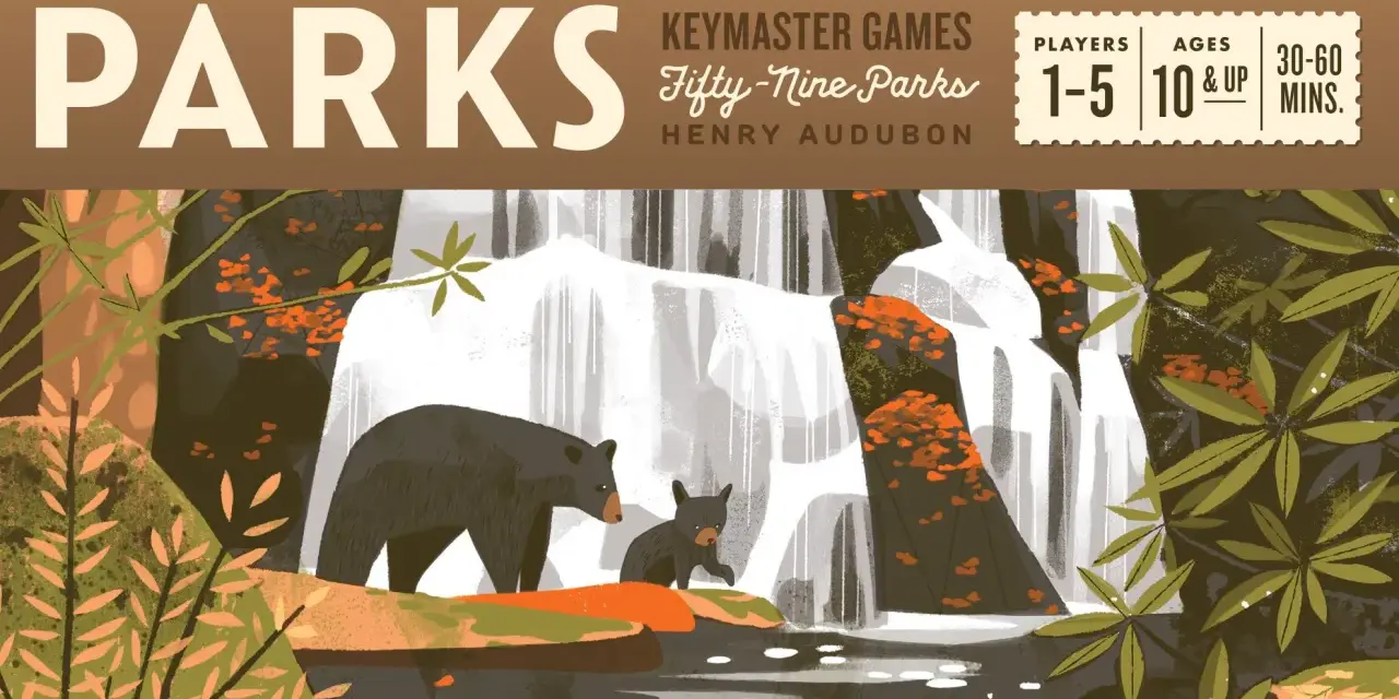 Copertina del gioco da tavolo PARKS: un orso e un cucciolo vicino a una cascata, con alberi autunnali.