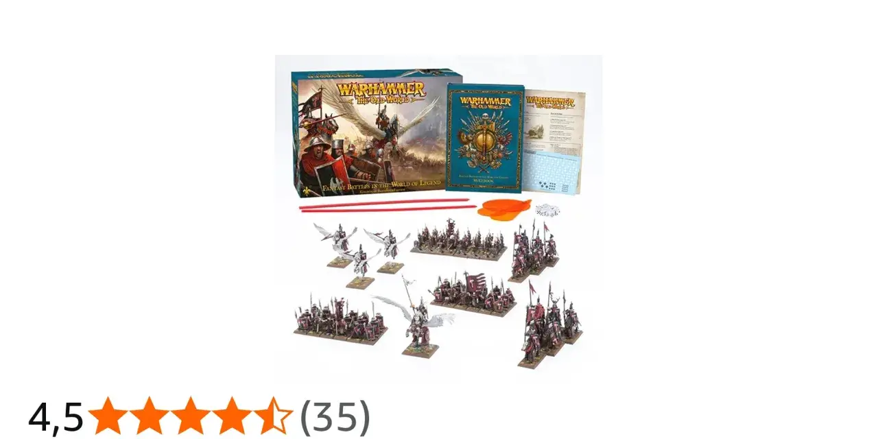 Set di miniature per Warhammer Fantasy: soldati, cavalieri alati e un libro regole.