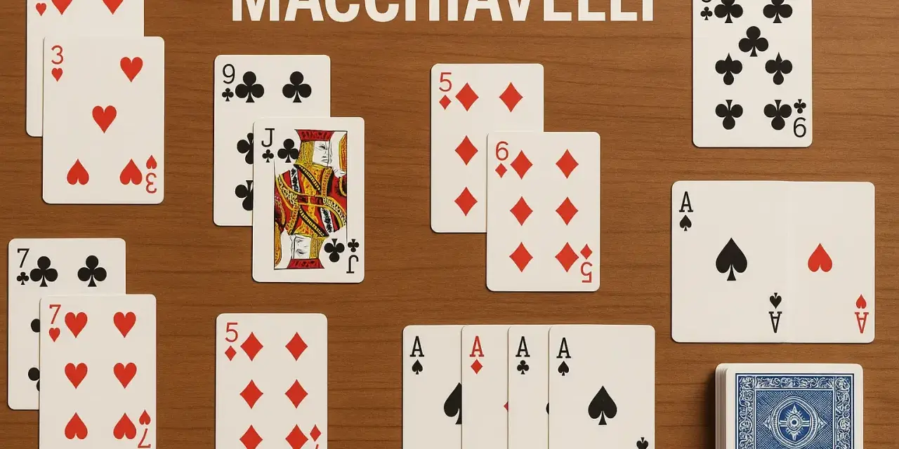 Carte da gioco disposte sul tavolo per il machiavelli gioco: assi, figure e numeri.