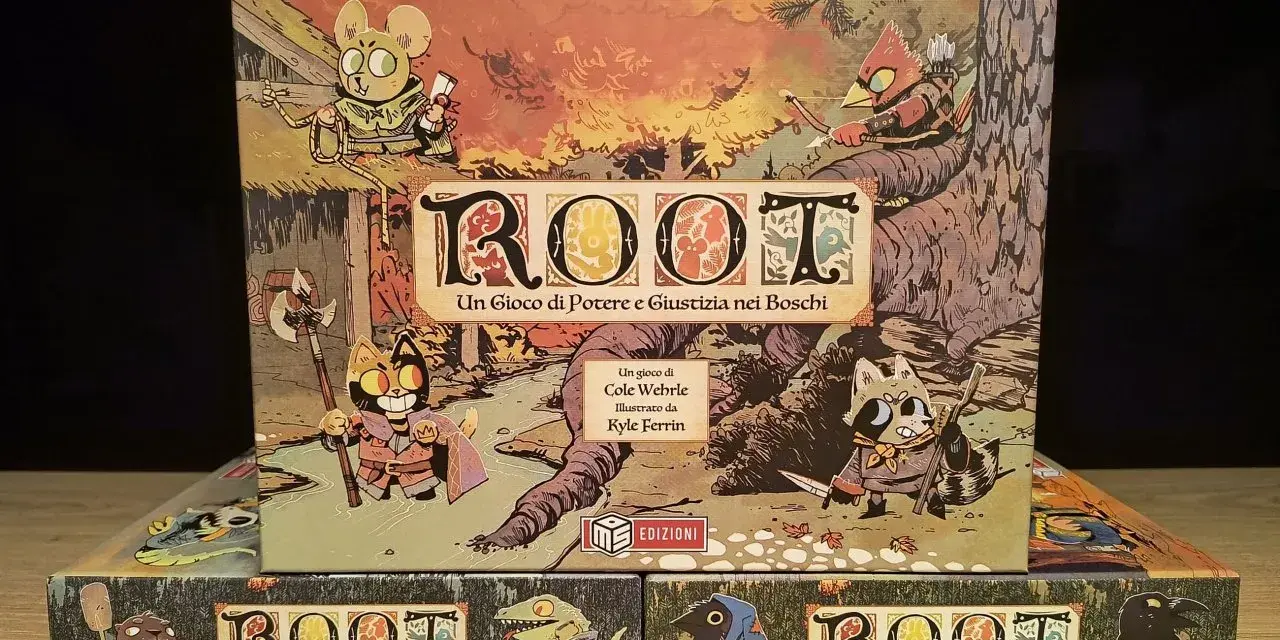 Scatole del gioco da tavolo Root e sue espansioni: La Compagnia del Fiume e Il Mondo Sotterraneo. Personaggi antropomorfi in stile fantasy.