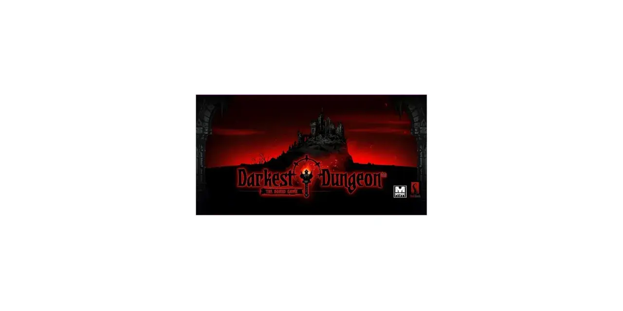 Il **Darkest Dungeon gioco da tavolo** presenta un castello oscuro su una collina, con un cielo rosso sangue e il logo del gioco.