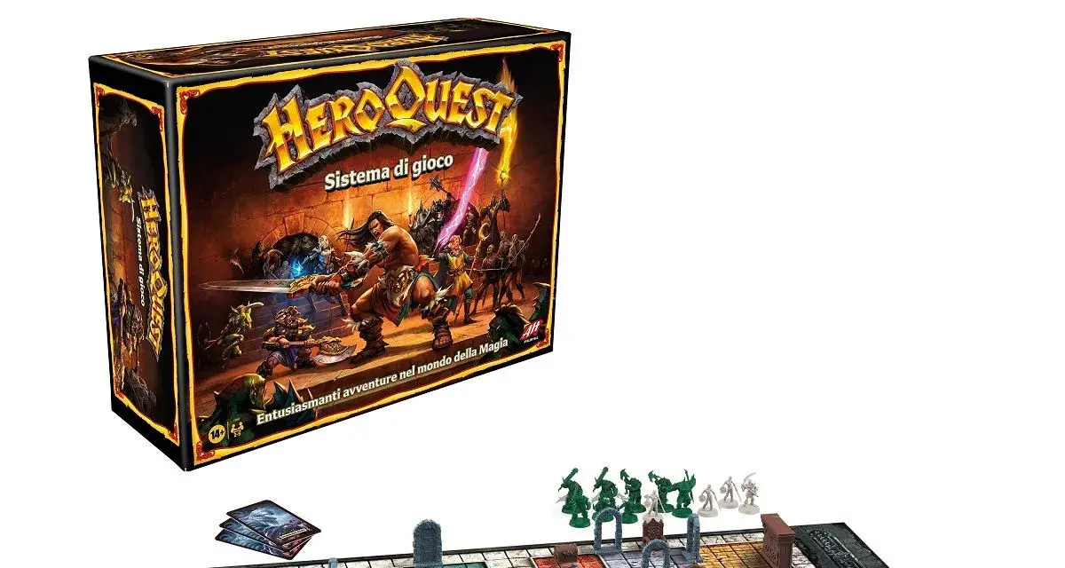 HeroQuest board game box art and game board with miniatures and dice.