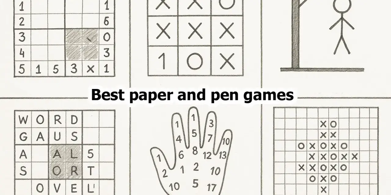 Sei giochi da stampare per adulti: battaglia navale, tris, l'impiccato, cruciverba, gioco della mano e griglia con X e O.