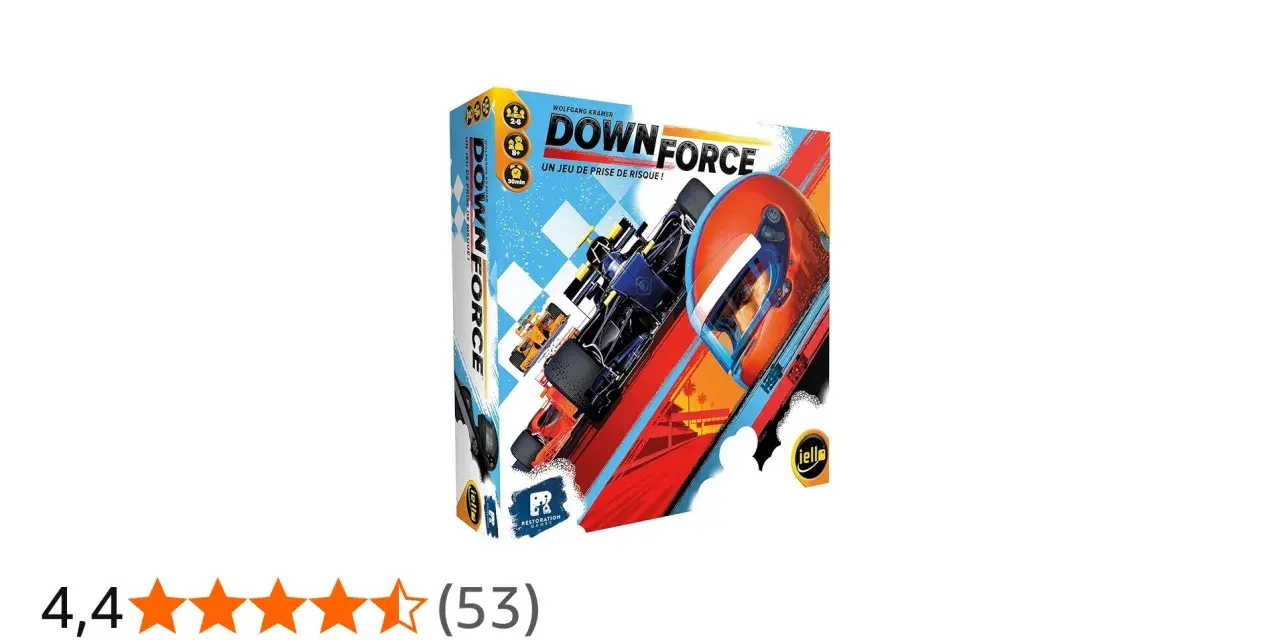 Scatola del gioco da tavolo "Down Force", con auto da corsa e un casco arancione. Un gioco di rischio e velocità.