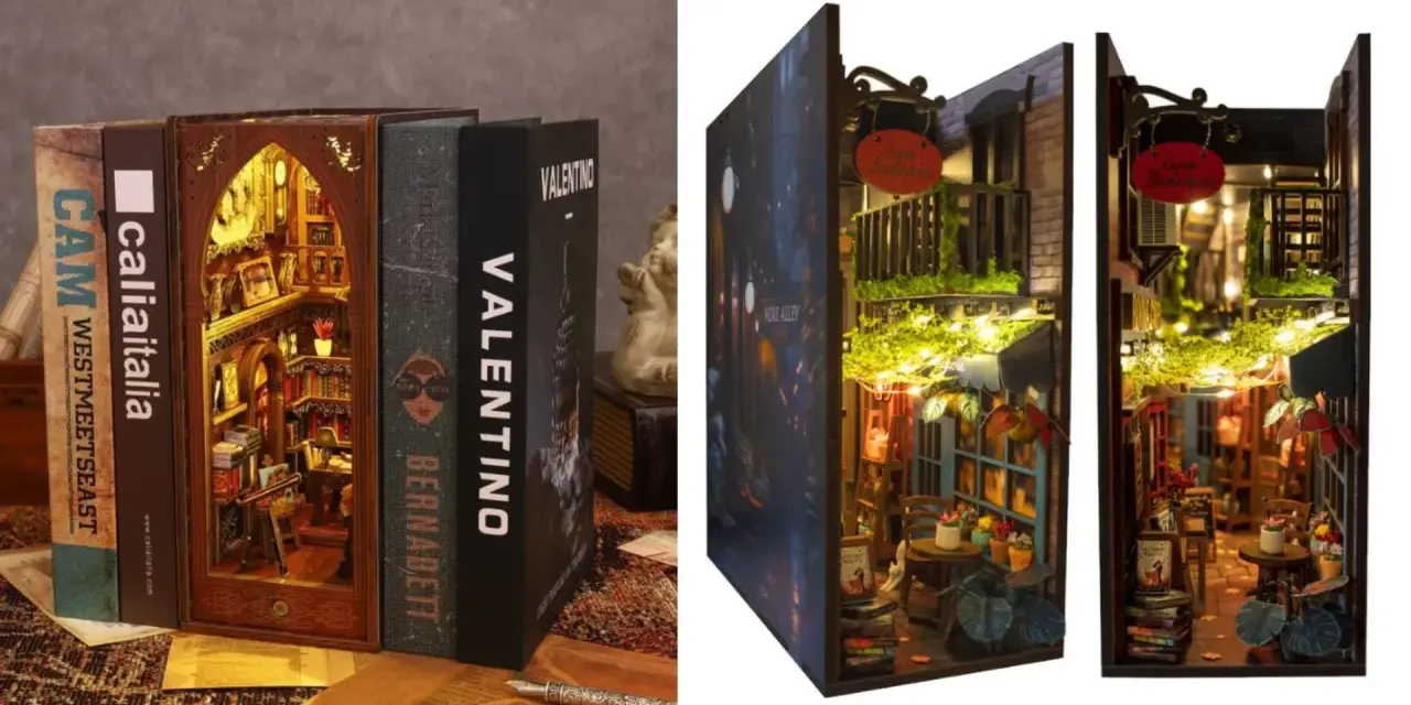 Un book nook cos'è? Un mondo in miniatura tra i libri: una libreria segreta e un vicolo illuminato.