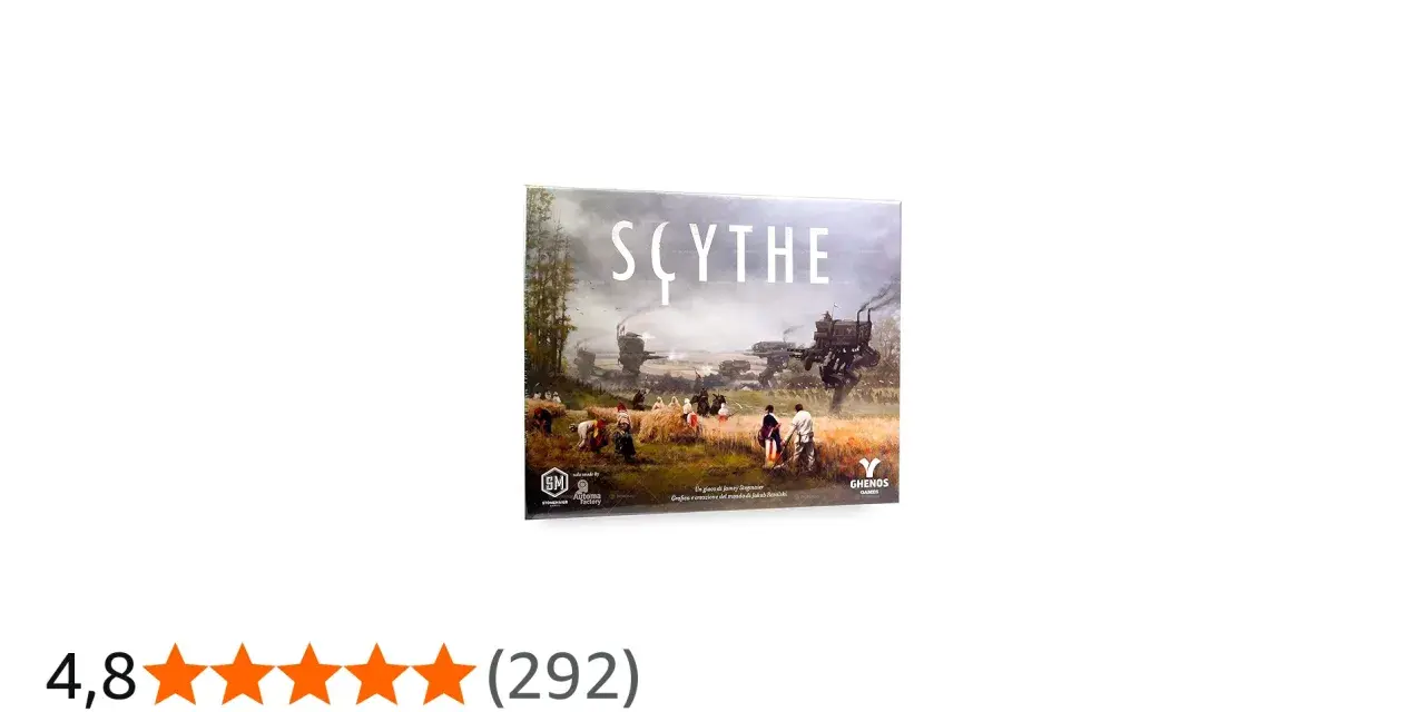 Copertina del gioco da tavolo Scythe, con un paesaggio rurale post-bellico e robot. Il regolamento è incluso.