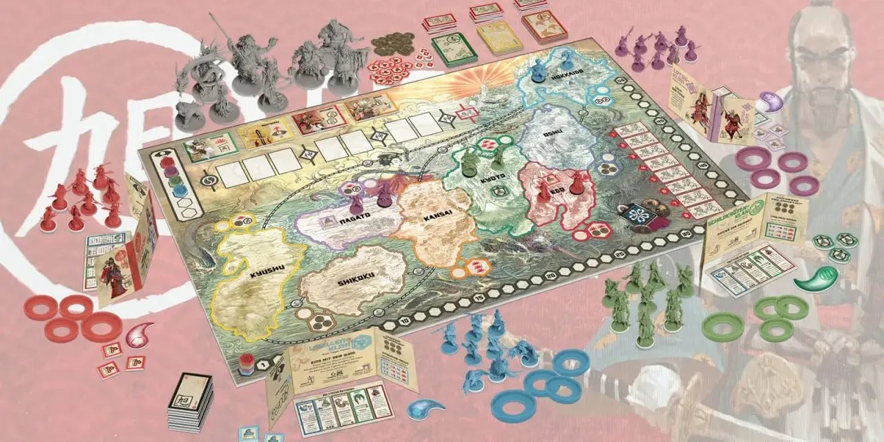 La mia recensione di Rising Sun: un gioco da tavolo strategico con miniature dettagliate, un tabellone che raffigura il Giappone feudale e tante pedine colorate.