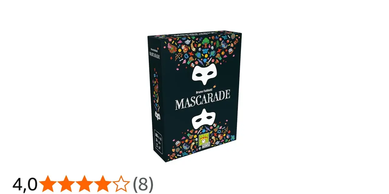 Scatola del gioco da tavolo "Mascarade", con maschere bianche e decorazioni colorate su sfondo nero. Un divertente gioco di bluff e identità.