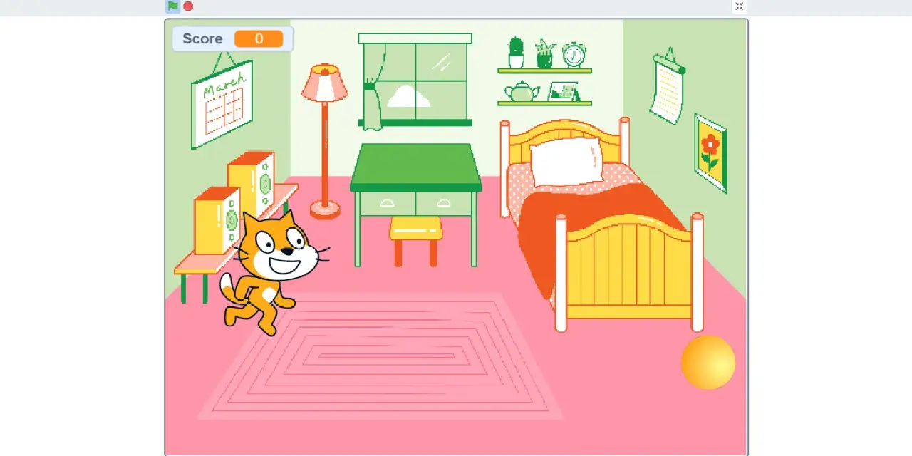 Gatto arancione corre in una stanza con letto, scrivania e pallina. Un progetto di scratch building.