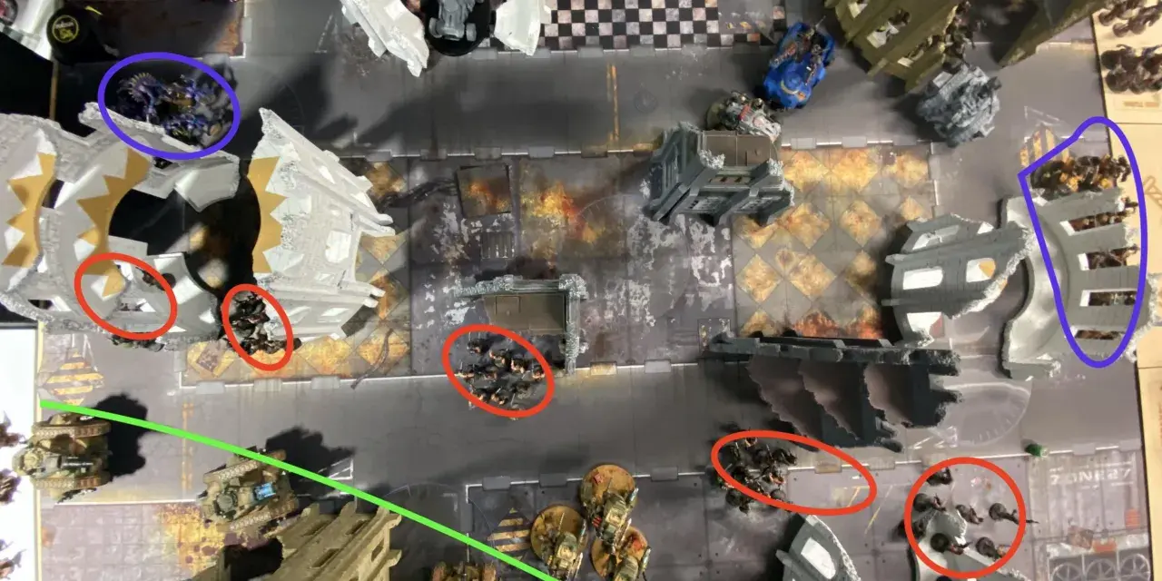 Un campo di battaglia di Warhammer con miniature di guardia imperiale in posizioni strategiche tra rovine e veicoli.