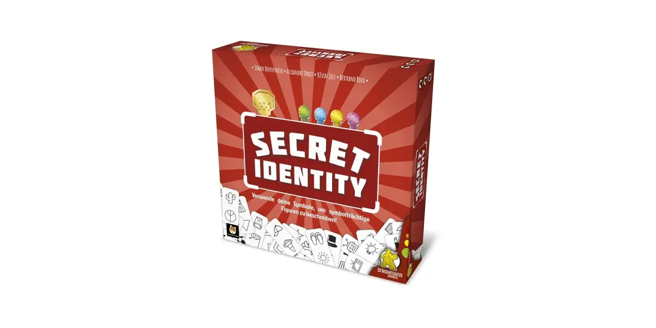 Scatola del gioco da tavolo "Secret Identity". Un gioco di deduzione dove i giocatori usano simboli per descrivere personaggi misteriosi.
