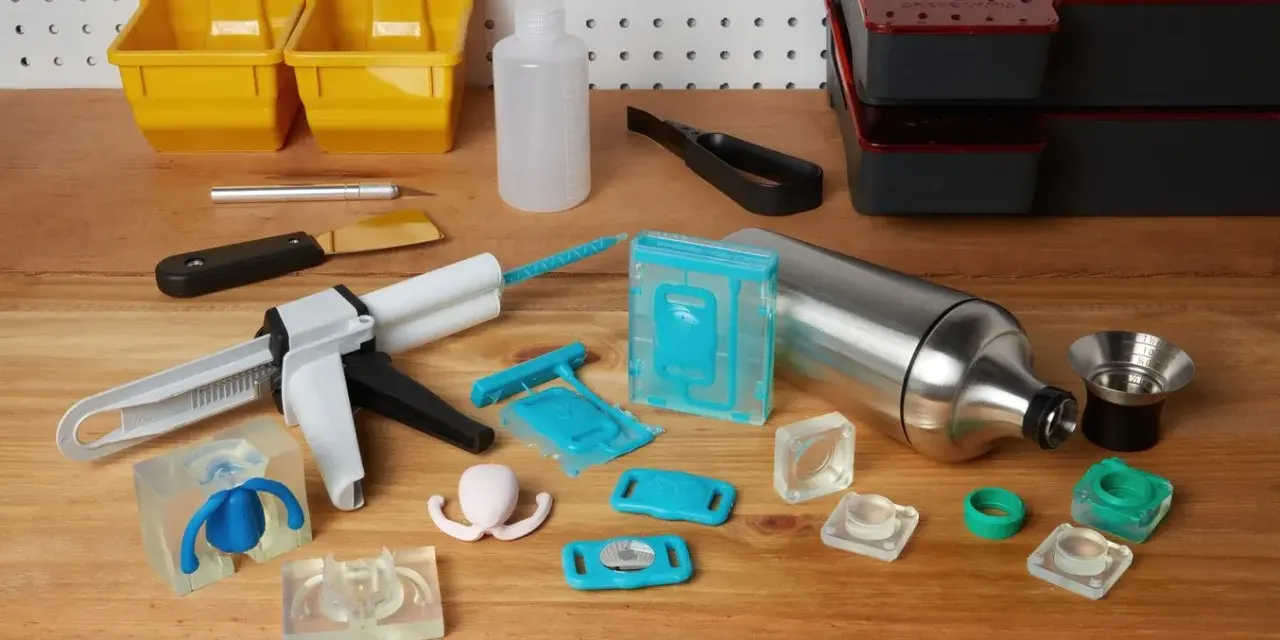 Attrezzi per la lavorazione della resina, inclusi stampi in silicone, pistola per colla e contenitori, utili per capire come pulire gli stampi in silicone dalla resina.