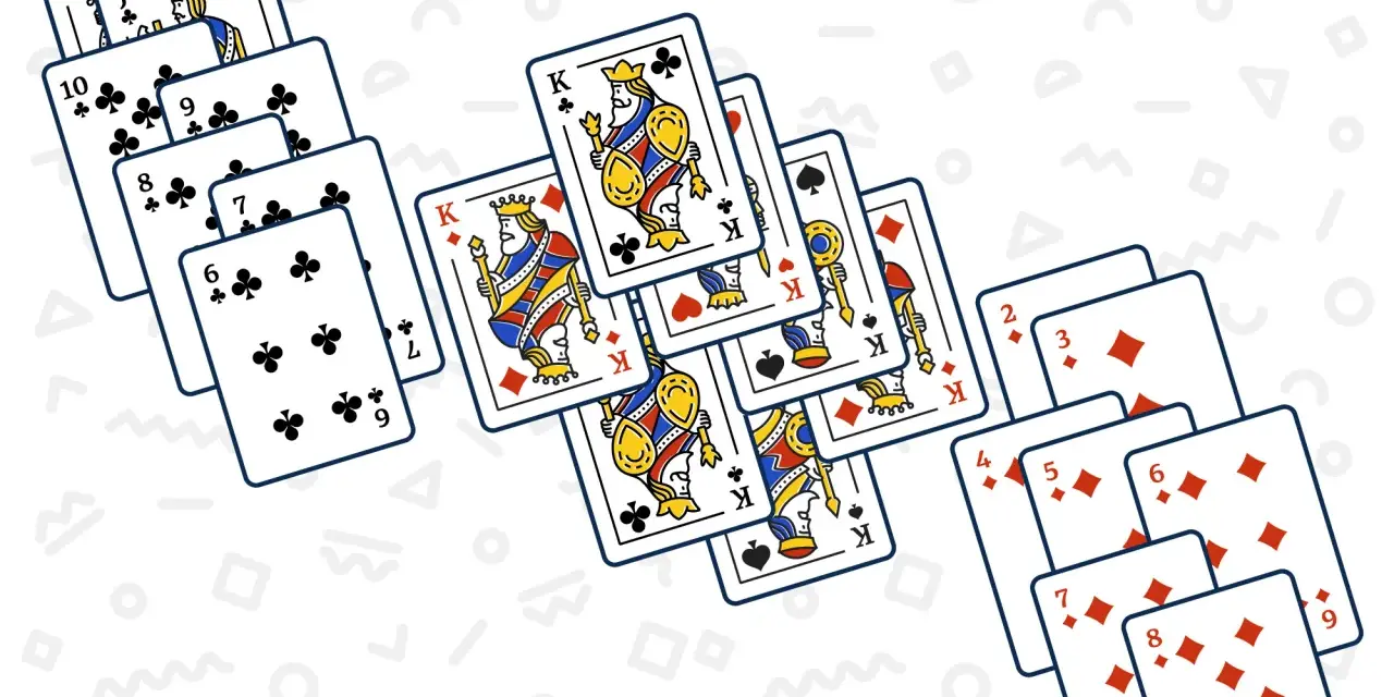 Carte da gioco sparse, tra cui Re di cuori e fiori, e sequenze di carte di quadri e fiori. Un gioco di carte come Macao.