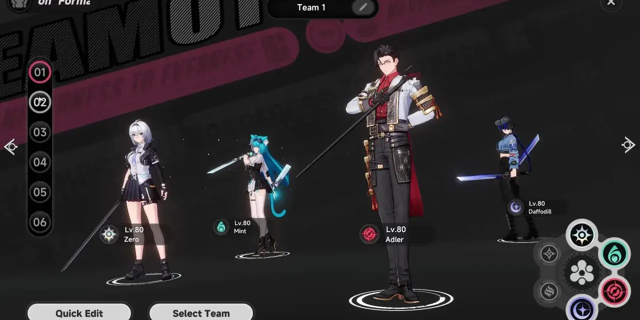 Personaggi pronti per i giochi roleplay: Zero, Mint, Adler e Daffodill, tutti al livello 80.