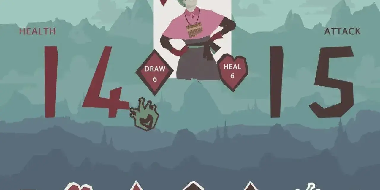 Schermata di gioco con personaggio stilizzato, carte e statistiche. Il regolamento del regicide è chiaro: salute 14, attacco 15.