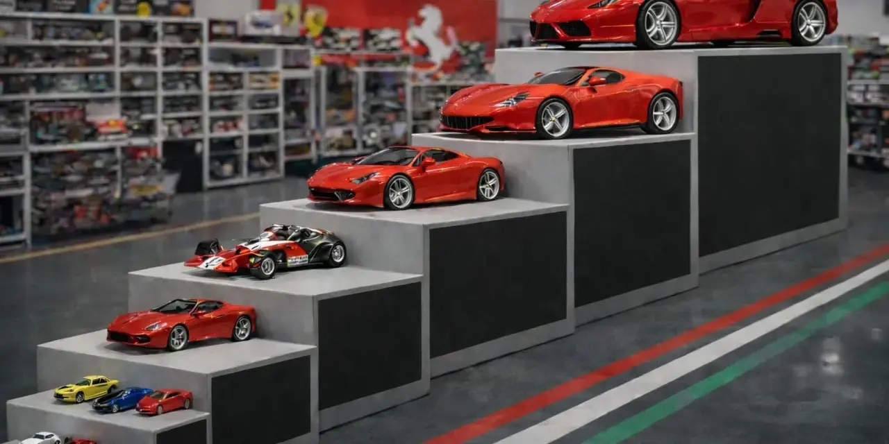 Una tabella scala modellismo auto Ferrari, con modelli di diverse dimensioni disposti su gradini.
