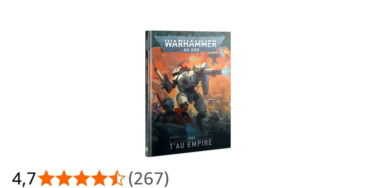 Copertina del Codex T'au Empire per Warhammer 40,000, con un imponente mech e guerrieri T'au in battaglia.