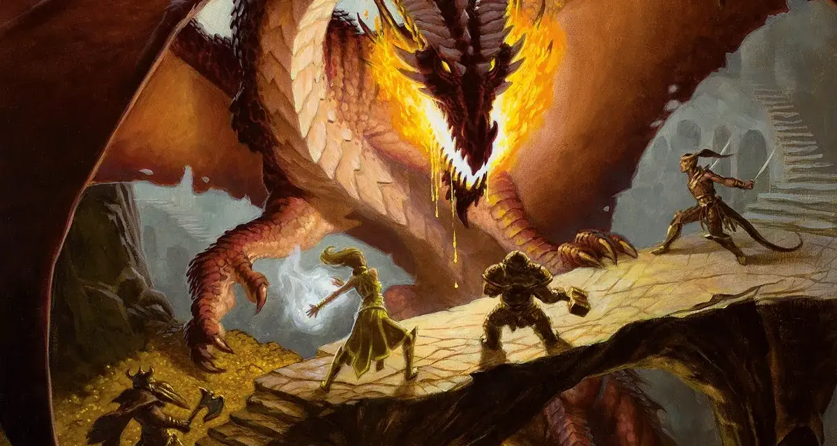 Un drago sputa fuoco, minacciando un gruppo di avventurieri. I pericoli sono ovunque, ma il coraggio non manca.