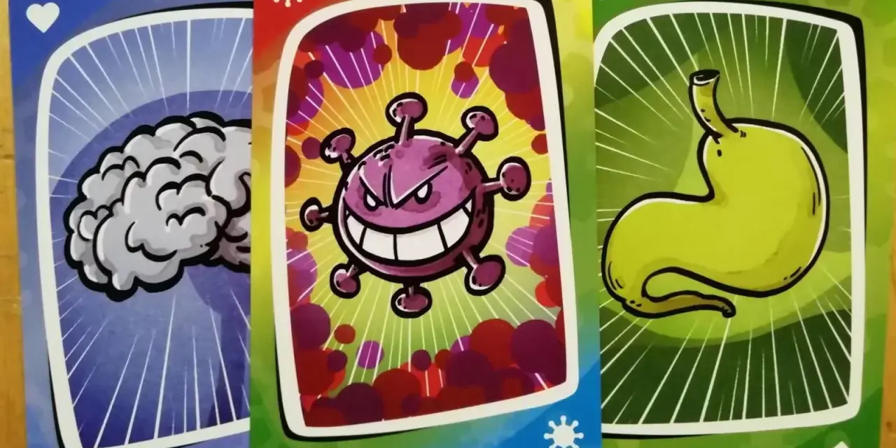 Carte di un gioco: un cervello, un virus minaccioso e uno stomaco. Chi vincerà la battaglia?