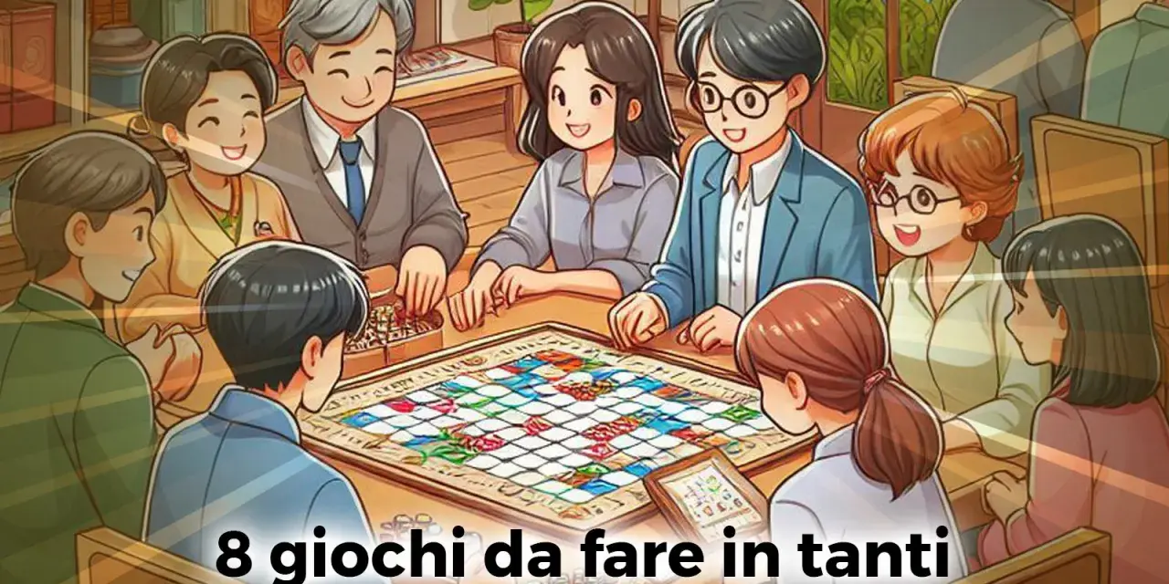 Un gruppo di persone sorridenti gioca a giochi da tavolo, creando un'atmosfera di allegria e divertimento.