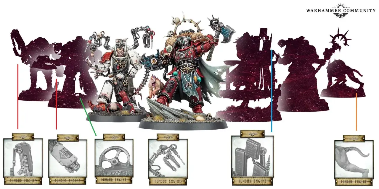 Eroi di Warhammer Italia in posa, con silhouette di guerrieri e dettagli di equipaggiamento.