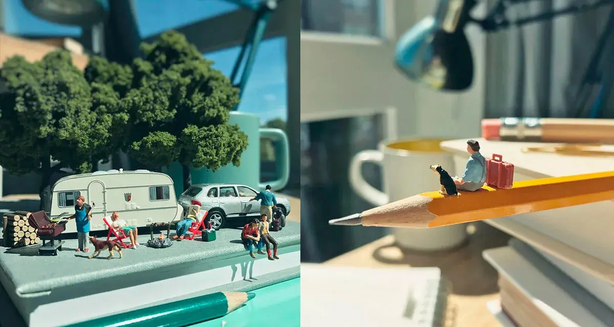 Un diorama cos'è? Scene in miniatura: un campeggio con roulotte e persone, e un uomo con cane su una matita.