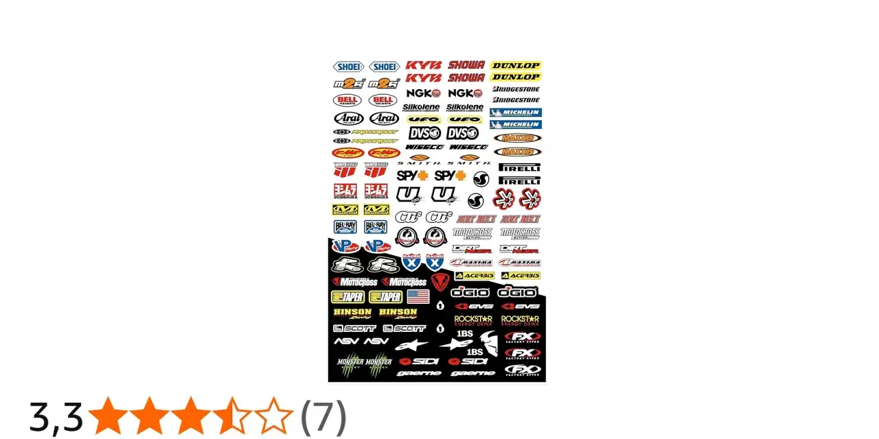 Un assortimento di decalcomania tecnica per moto, con marchi come Shoei, Dunlop, Michelin e Arai, ideale per personalizzare il tuo mezzo.
