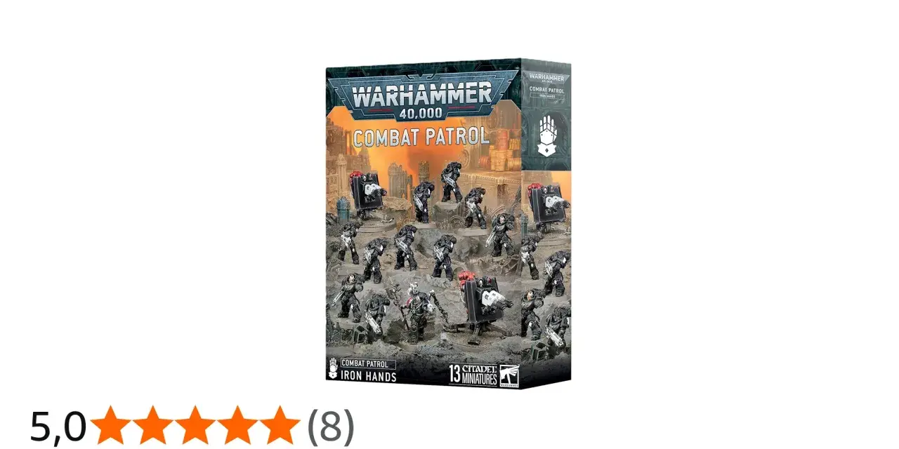 Scatola di Warhammer 40,000 Combat Patrol con miniature degli Iron Hands, pronte per la battaglia.