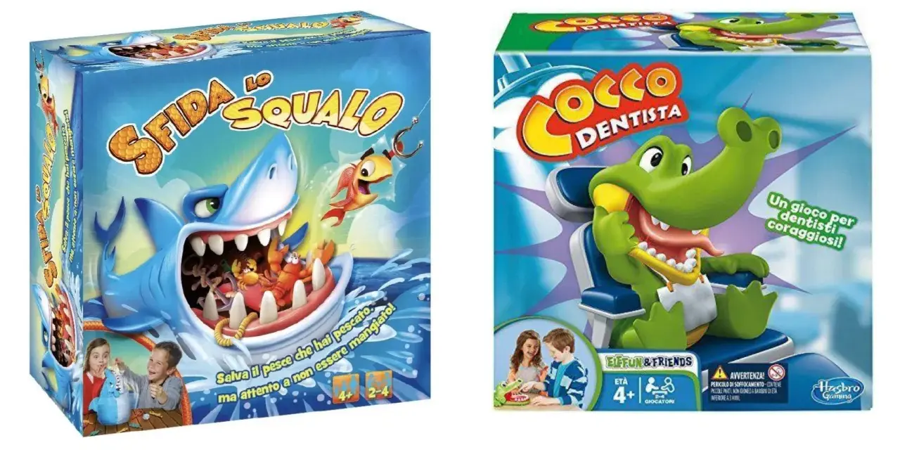 I 10 giochi da tavolo per famiglie più popolari: "Sfida lo Squalo" e "Cocco Dentista" per sfide divertenti e coraggiose.
