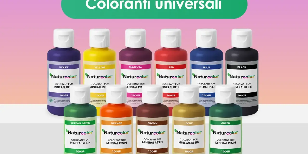 Flaconi di coloranti universali Naturcolor in varie tonalità. Non c'è una vera differenza tra colori vinilici o acrilici, sono pigmenti per resina.