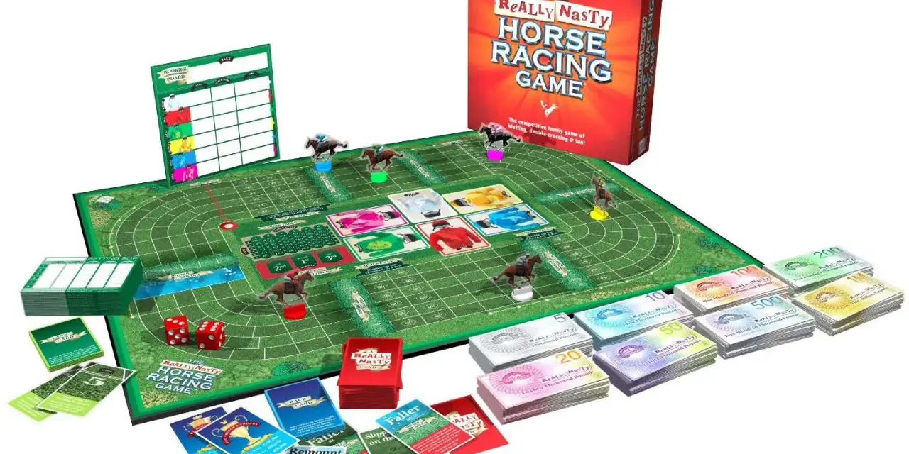 Il gioco da tavolo "The Really Nasty Horse Racing Game" simula una corsa di cavalli con pedine, carte e denaro finto.