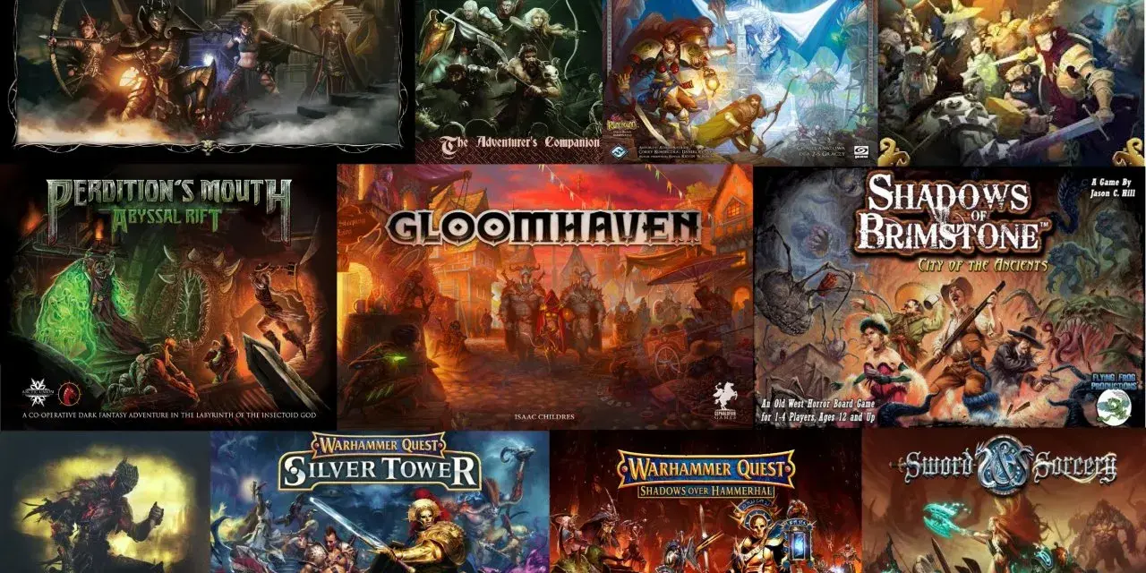 Collezione di copertine di giochi da tavolo, tra cui diversi giochi di ruolo dungeon crawler come Gloomhaven e Descent.